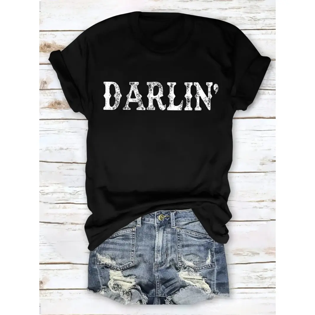 Womens Cotton Graphic Tee Darlin Vintage Western Letter Print Short Sleeve Crew Neck Casual Summer Top Cute Everyday Outfit Streetwear Country Concert Shirt