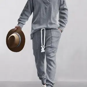 Men's two-piece set with solid color jacquard pattern off shoulder V-neck top and drawstring pants, autumn and winter set