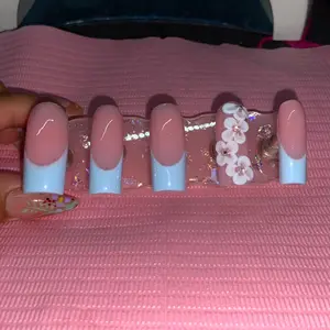 Blue French Acrylic Press Ons Nails with 3D  Flowers