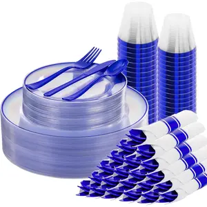 SUT 175 Pcs Blue and Clear Dinnerware Set for 25 Guests, Include: 25 Dinner, 25 Dessert, 25 Pre Rolled With Silverware, 25 Cups, Disposable for, Wedding