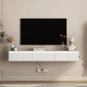 Floating TV Stand, Wall Mounted TV Shelf with Led Lights & Power Outlet,High Gloss TV Cabinet for White tv Stands for Living Room