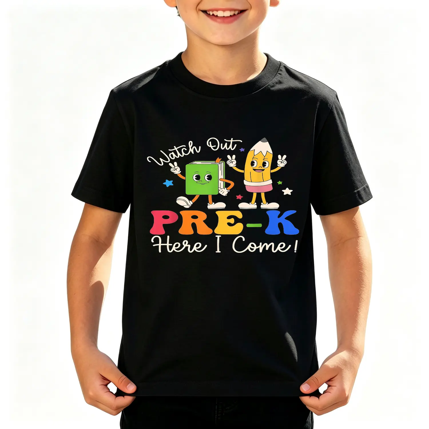 Watch Out Pre-K Here I Come Cotton T-shirt Cute Cartoon Green Book and Yellow Pencil Characters with Peace Signs Colorful Stars Design Soft Crew Neck Tee for Boys Girls Preschool Kindergarten Back to School Gift