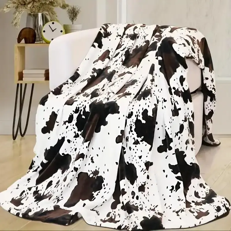 Floral Cow Pattern Flannel Lunch Blanket, Cute Cow Print Queen Size Bedding, Sofa Bedroom Decor, Knitted Fabric cozy comforter Fleece Lightweight