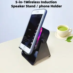 Summer Wins - 5-in-1 Wireless Induction Audio Bluetooth Speaker with Phone Holder, 5000mAh Rechargeable Emergency Charging Power Bank, 8 RGB Ambient Lights, 360° Adjustable Device Stand - Black Electronics Gift for Family