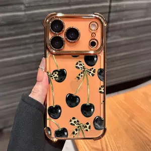 Black Cherry Leopard Print Bow Pattern Phone Case , Electroplated Cover with Airbag Shockproof Slim Soft TPU Cover for iPhone X 11 12 13 14 15 16 17 Pro Max Plus Air