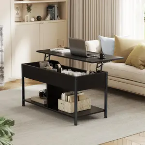 Sofa Side Table with Lift Top & Storage, 39" Farmhouse End Table for Couch, Adjustable Height Coffee Table with Hidden Compartment and 2 Shelves for Living Room