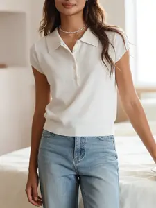 Summer New Knitted Polo Shirt for Women, Short Sleeve Notched Half-Button Top, Casual Fashion Knitwear, Soft and Stylish Design