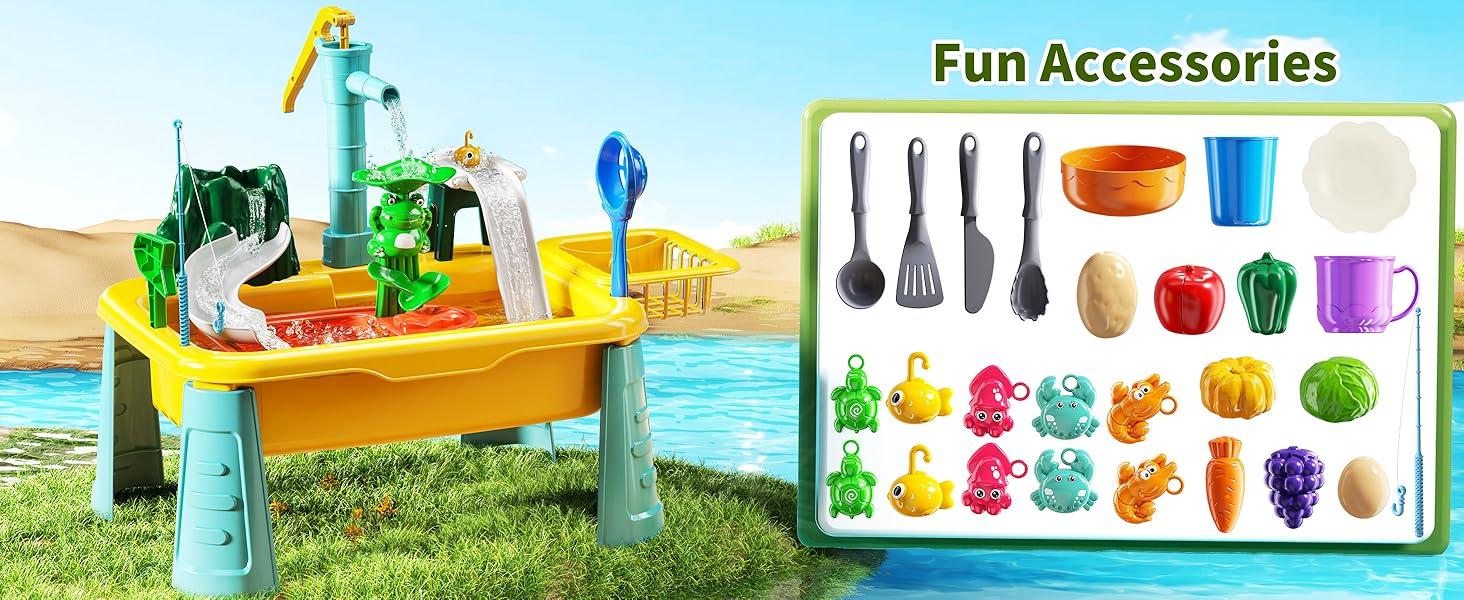 Play Sink with Running Water（ Fishing Games ）, Pretend Play Kitchen Sink with Upgraded Electric Faucet, Realistic play set learning cookingset Plastic Toy Outdoorfun Fun Cleaning Playset，Girls Role Play Gift#SummerVibes