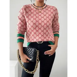 Women's All-Over Geometric Print Contrast Binding Knitted Sweater, Casual Colorblock Striped Print Long Sleeve Round Neck Jumper for Fall & Winter, Fashion Ladies' Knitwear for Daily Wear, Womenswear(Sheet)