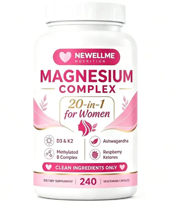 Newellme Magnesium Complex for Women, 240 Vegetarian Capsules | 20-in-1 Formula - Magnesium Blend with Vitamin D3, K2, Ashwagandha & More | Filler Free, Non-GMO / Healthcare,Dietary,Supplement,Edible,Bathroom,Optimum,Fitness