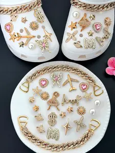 Gold Rhinestone Constellation Butterfly Ballerina Clog Charms Set – Luxurious Pearl & Gem Shoe Decorations with Chain for Women Summer Trend Bling Shoe Charms