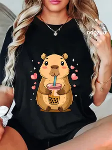 100% Cotton Cute Capybara Tea Bubble Rodent Women Girls T-Shirt