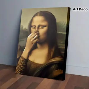 1pc Frame Canvas Painting - Monet Lisa Holding Nose Funny Art Print, Wooden Frame and High-Quality Canvas, Humorous Classical Art Variant, Suitable for Living Room, Bedroom, Office, Bathroom, Kitchen Wall Decoration, Fun Artwork, Natural Wooden Frame, Wal