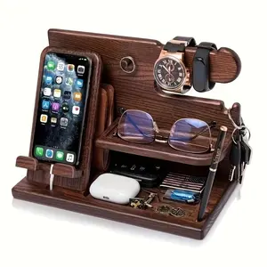Black Friday Deal 🛍️ Father’s Day/Birthday/New Year Gift 🎁 Wooden Phone Stand & Storage Organizer - Multi-Functional Nightstand with Charging Cable Slot, Wallets/Eyeglasses/Watches/Keys Compartments, Easy to Assemble Rustic Decor for Men