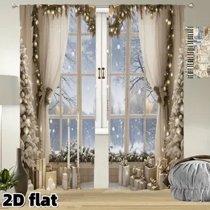 2D Flat 2Pcs Christmas Window Scene Curtains Festive Holiday Decor Snow Winter View Gold Ornaments String Lights White Tree Decorative Gifts Rod Pocket Design Living Room Bedroom Treatment