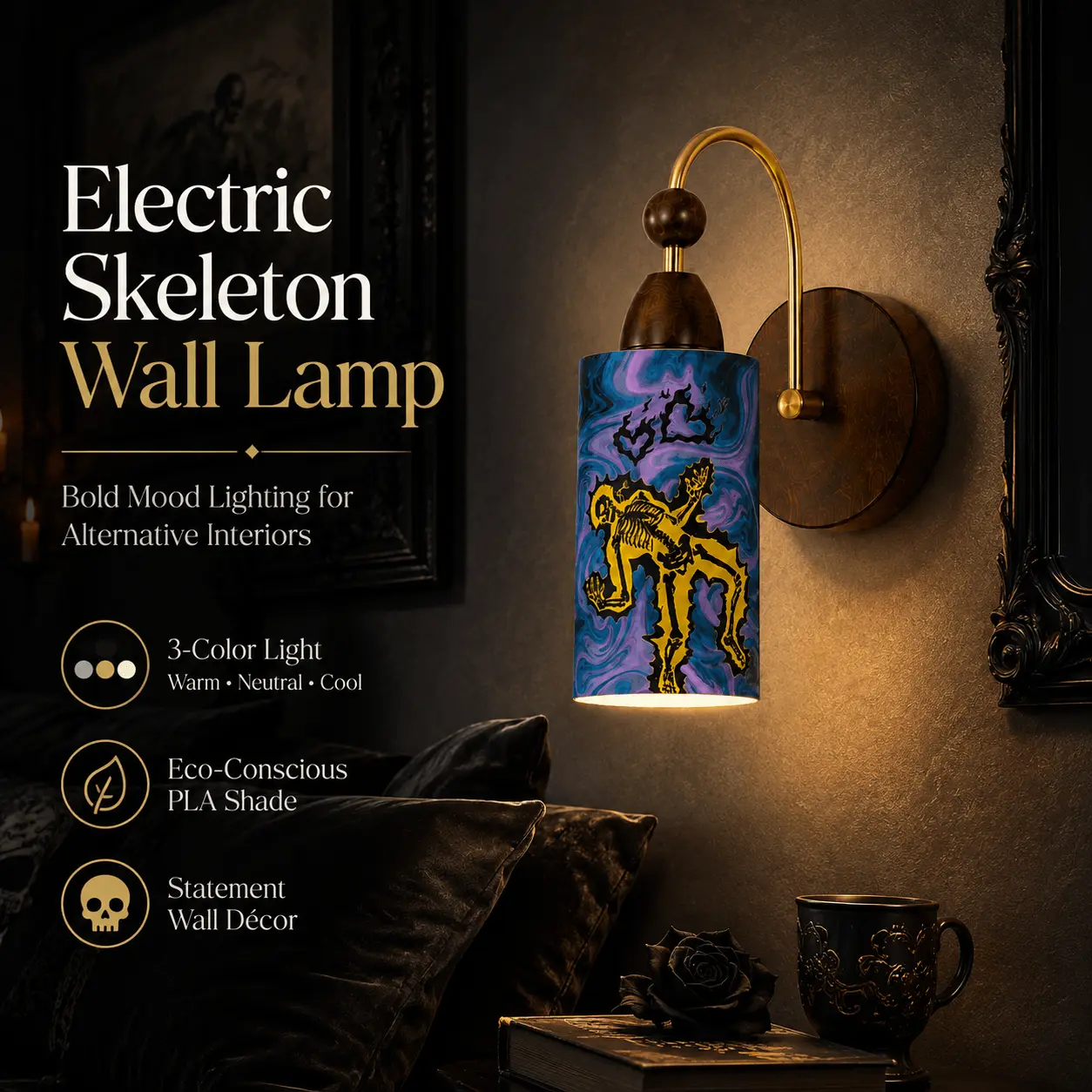 Electric Skeleton Wall Lamp, PLA-Printed Lampshade, 3 Color Light Modes, Hardwired Gothic Wall Sconce for Bedroom Halloween Decor