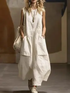 Women's Summer Casual Sleeveless Midi Dress Elegant Loose Fit Textured Pocketed Dress Cooling Breathable Shift Dress for Vacation