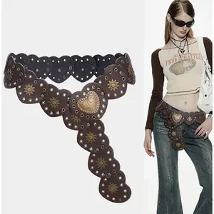 Women's Vintage Ethnic Pattern Heart Western Belt, Rivet Decorated Trendy Stylish Belts, Boho Style Waistband for Jeans & Short Skirt, Buckles Fashion Belts for Party, Daily Clothing Decor