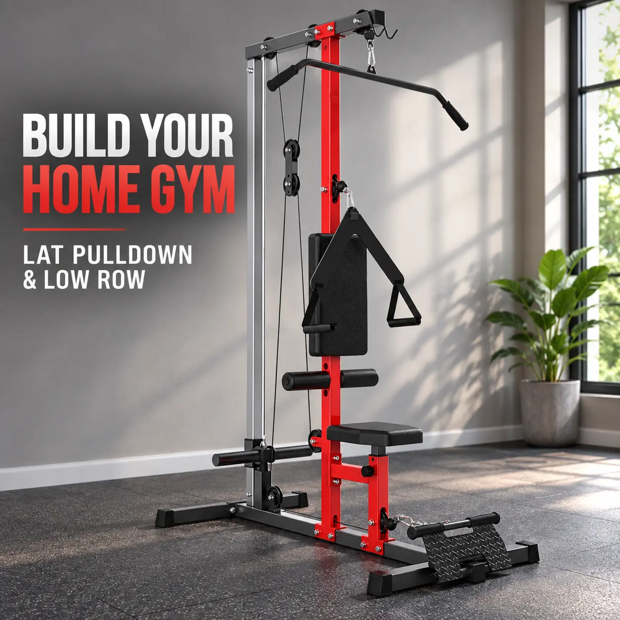 Garvee Heavy-Duty LAT Row Cable Machine - High & Low Pulley Stations, Adjustable Leg Support, Home Gym Strength Training Back Machine, Black