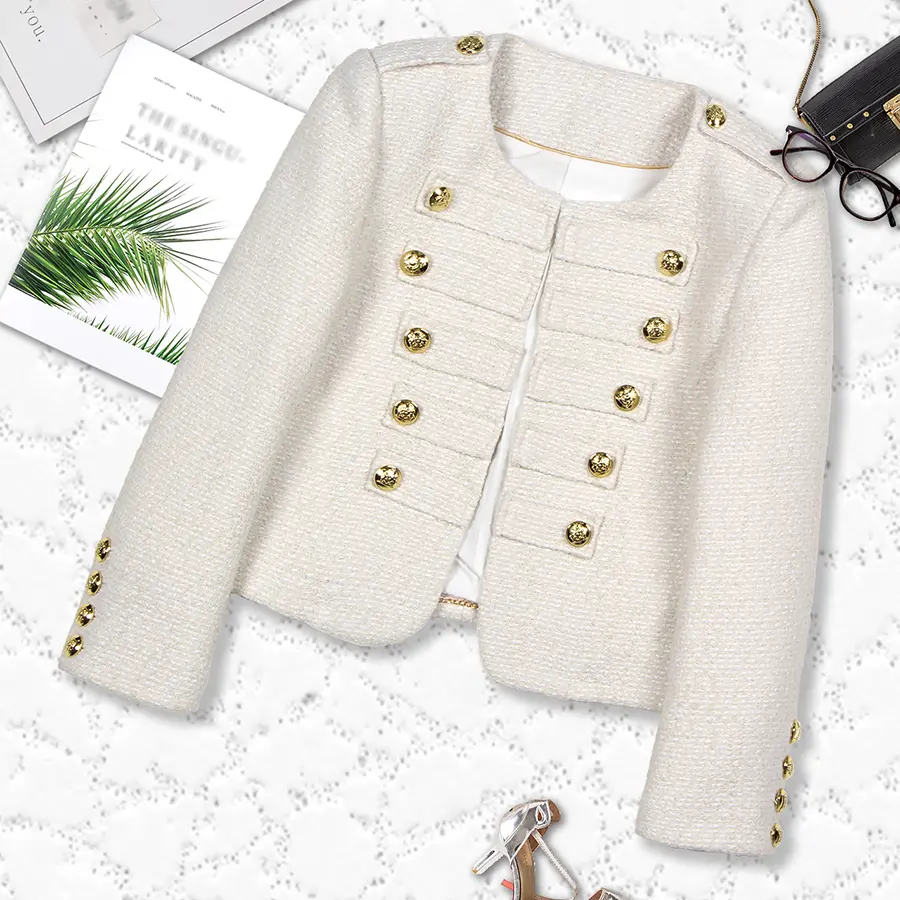 DUSHE Women's Retro Tweed Cropped Jacket, Fitted Double-Breasted Long Sleeve Style with Button and Hook & Bar Closure