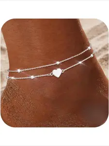 Women's Dainty Layered Boho Anklet Bracelet, Waterproof Adjustable Silver Color Beaded Cz Heart Foot Jewelry, Elegant Plain Style, Elegant Accessory, Summer Jewelry