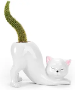 Unique Cat Planter Pot Indoor & Outdoor Plant Displays Funny Ceramics Cat Flower Pot Gifts for Cat Lovers Lovely Office Desk Room Home Decor White Small