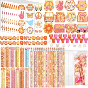 336/170/168 Pcs Groovy Party Favors Stationery Set Bulk with Stampers Pencils Erasers Rulers Notepads Stickers Gift Bag Retro Boho Hippie Themed Goodie Bag Stuffers Classroom Prizes Birthday Decoration Holiday Party Supplies Pinata Fillers School Rewards