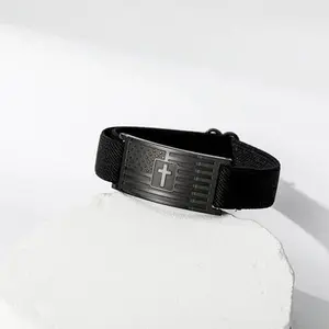 Independence Day Patriotic Bracelet for Men US Flag Military Adjustable Wristbands Christian Jewelry Cross Faithful Design Gift for Son Father Boyfriends Be Strong and Courageous Joshua 1:9 Bible Verse Engraved Stainless Steel Hypoallergenic Elastic Cord