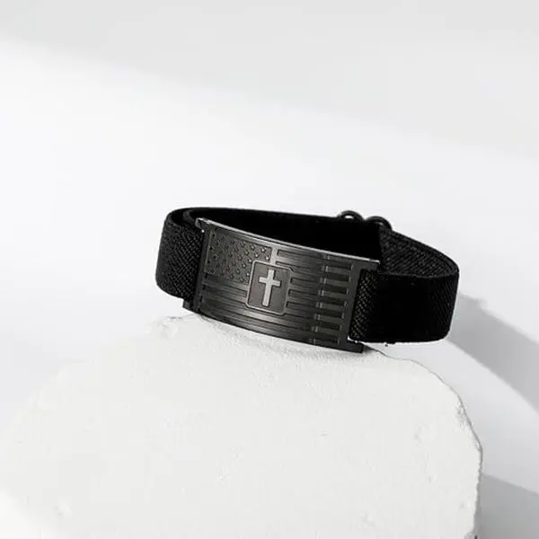 American Flag Cross Bible Verse Bracelet for Men Boys Black Elastic Stretch Strap Adjustable Christian Jewelry Gifts for Father's Day