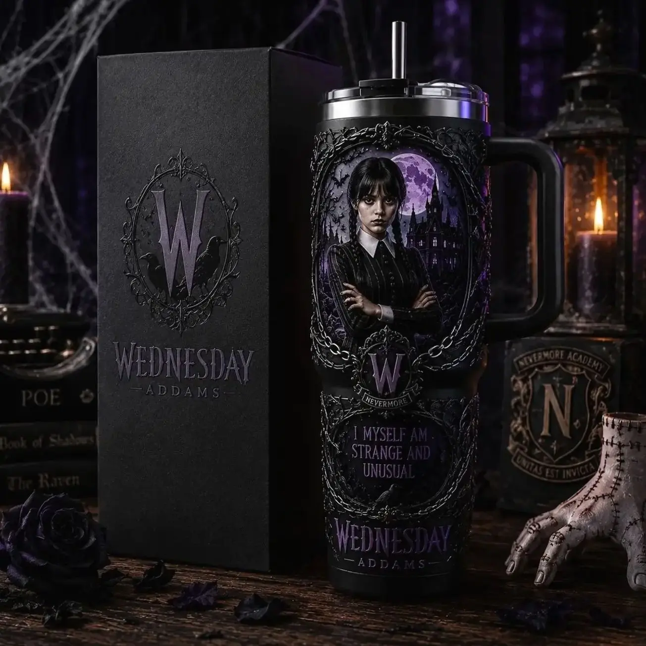 OceanSip4U Wednesday Addams 40oz Stainless Steel Tumbler with Handle, Vacuum Insulated Travel Mug, Gothic Halloween Cup, Nevermore Academy Inspired Tumbler, Spooky Gift for Wednesday Fans