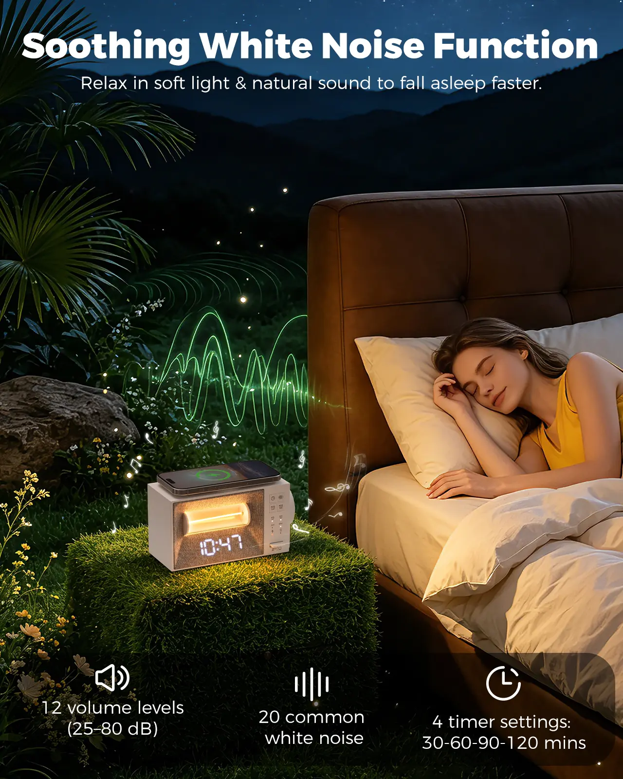 Cyberpunk White Noise Alarm Clock with Magnetic Wireless Charging, 20 Sounds, Dual Alarms, Nap Mode & Dimmable Night Light