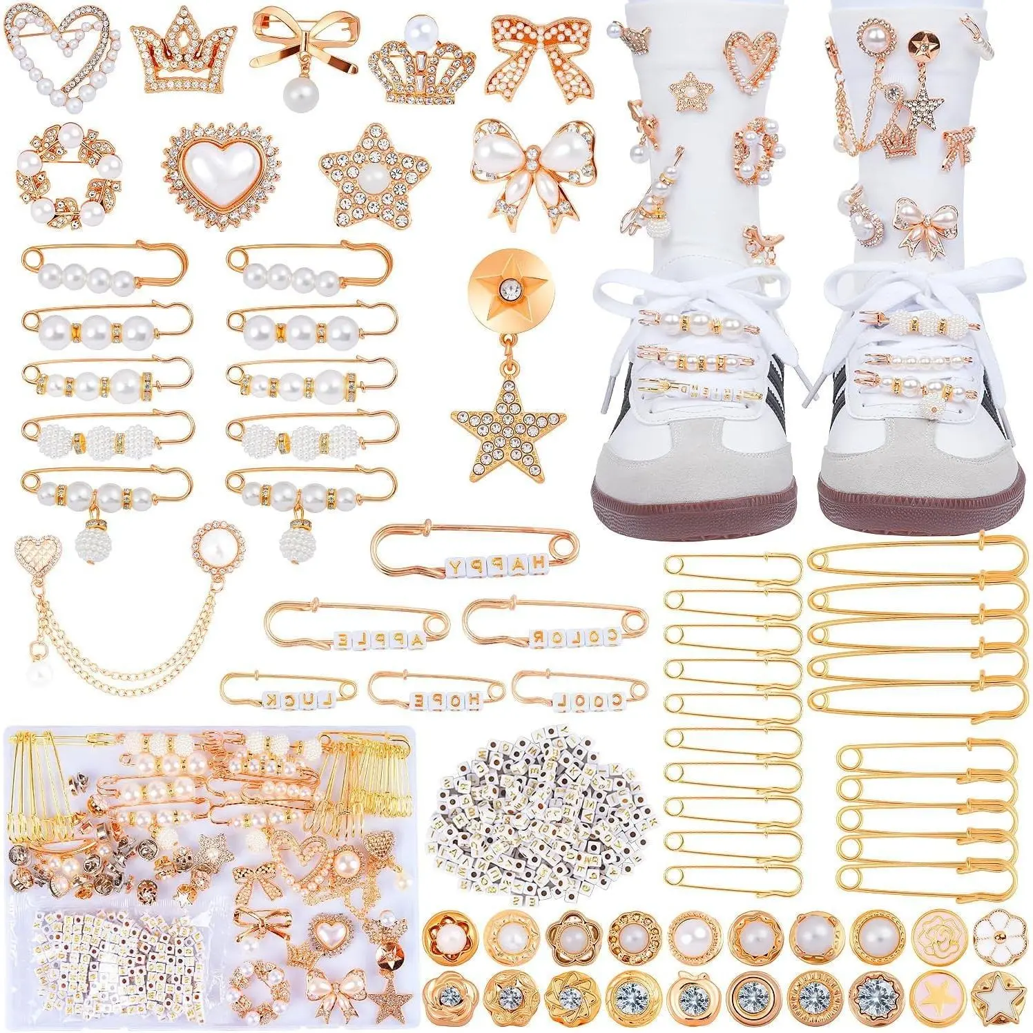 X-BY-A01 JJunk Socks Charms Kit with Gold Brooches & Pins | Pearl and Rhinestone Safety Pin Accessories | DIY Sock Decor Set for Women | Personalizing Craft Supplies for Unique Sock Designs