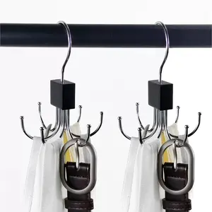 2-Piece Rotating Wooden & Metal Belt Rack with Stainless Steel Hooks, Multifunctional Clothes Hanger, Space-Saving Storage for Belts Bras Tank Tops Ties Scarves