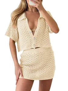 Fisoew Womens 2 Piece Cover Up Set Crochet Beach Summer Knit Button Short Sleeve Crop Top Mini Skirt Sets
