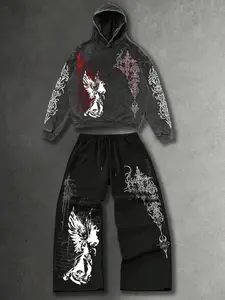 Men's Street Style Hoodie Set, Graphic Print Long Sleeve Cotton Pullover Tops & Fitted Pants, Spring & Fall Fashion, Menswear Clothes