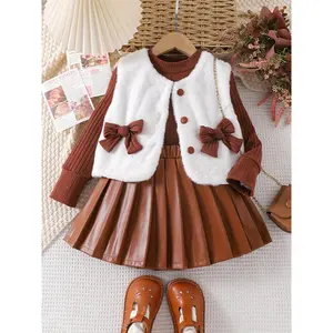 3pcs Girls' Outfit Set - Cute Smock Dress with Fluffy Vest & Pleated Skirt, Long Sleeve Jumper Top + Bow Collar, Machine Washable Winter Wear, Playdates & Parties (Brown/White) - 3pcs