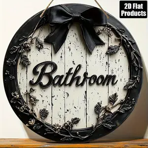 2D Flat - Wooden Round Flat Sign with a Country Style Bathroom Theme, Perfect for Decorating Bars, Kitchens, Cafes, And Home Offices. Ideal As a Holiday Gift
