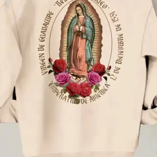 Women's Casual Pullover with Virgin de Guadalupe Graphic, Lightweight Round Neck Beige Knitwear Top for Spring, Loose, Crew Neck, Oversized, Lady, Baggy, Sweatshirts, 3-D Brand Label Logo