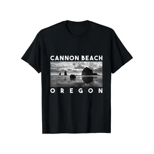 -Themed Cannon Beach Lighthouse & Haystack T-Shirt - 180g Heavyweight Pure Cotton Retro Casual Short Sleeve Tee for s, Black with White Print, Iconic Landmark Souvenir Apparel