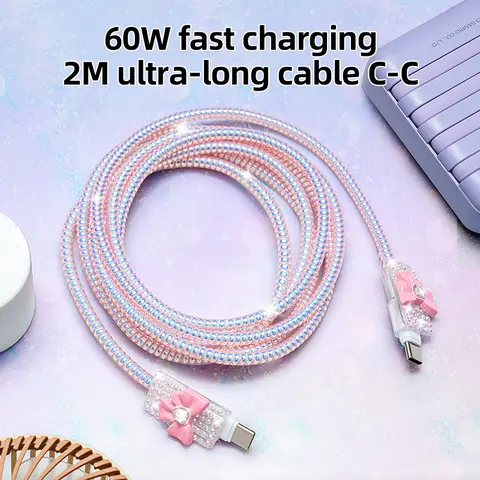 60W USB-C to USB-C Fast Charging Cord - 2M Extra-Long Crystal Bow Mobile Accessory, Rapid Charge Cable for iPhone, Samsung Smartphones, iPad