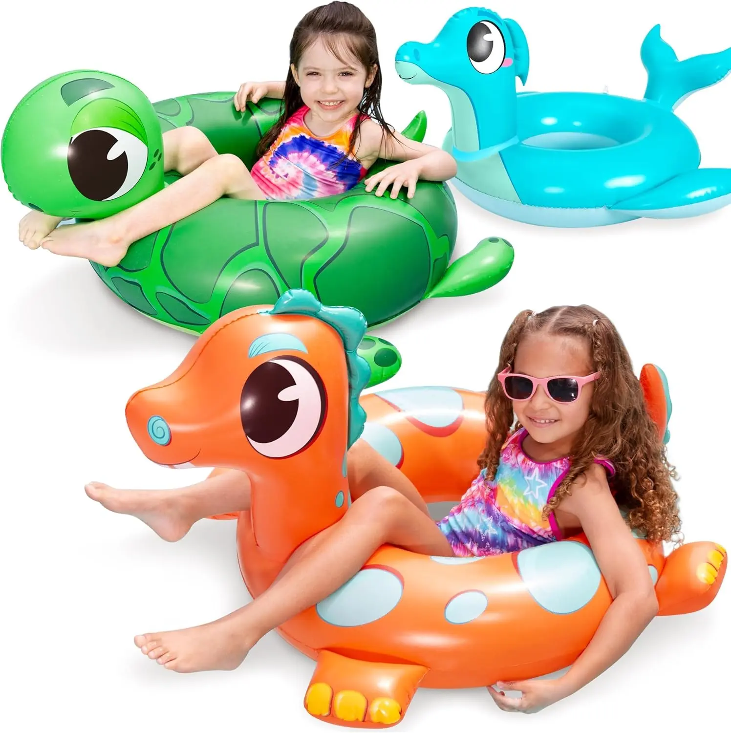 3-Pack Animal Shapes Inflatable Pool Tube Floats Set - Dinosaur, Sea Turtle & Dolphin Swimming Rings for Kids, 32" Summer Pool Beach Water Party Gift Decorations