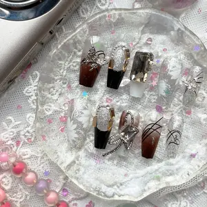 Personalized Black & Silver Glitter Press On Nails | Butterfly & Gem Charms | Glam Luxe Nail Trend 2025 | Long Coffin Shape