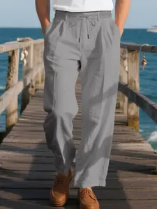 Men's Comfortable Breathable Linen Wide Leg Pants, Casual Fashion Tie Waist Long Trousers, Versatile Plain Design, All Season Wear
