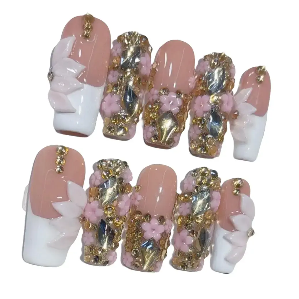 NAILROSY 10Pcs Handmade Reusable Acrylic Press On Nails, Long Square Stylish Acrylic Nails with Rhinestones, Diamonds, 3D Heart, Floral Designs, Y2K Cute, Party Ready, Tools & Design Sheet Included for Women