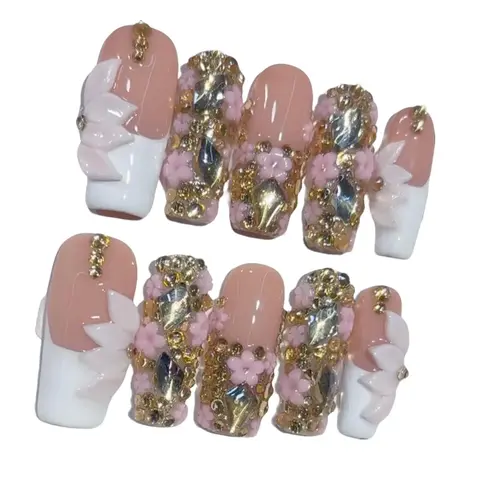 NAILROSY Women's 10Pcs Handmade Reusable Acrylic Press On Nails - Long Square, Rhinestone, Heart, 3D Floral, Glitter Bloom Designs, Tool Kit, Design Sheet in Christmas Box for Birthday Party, Handmade Reusable Nails