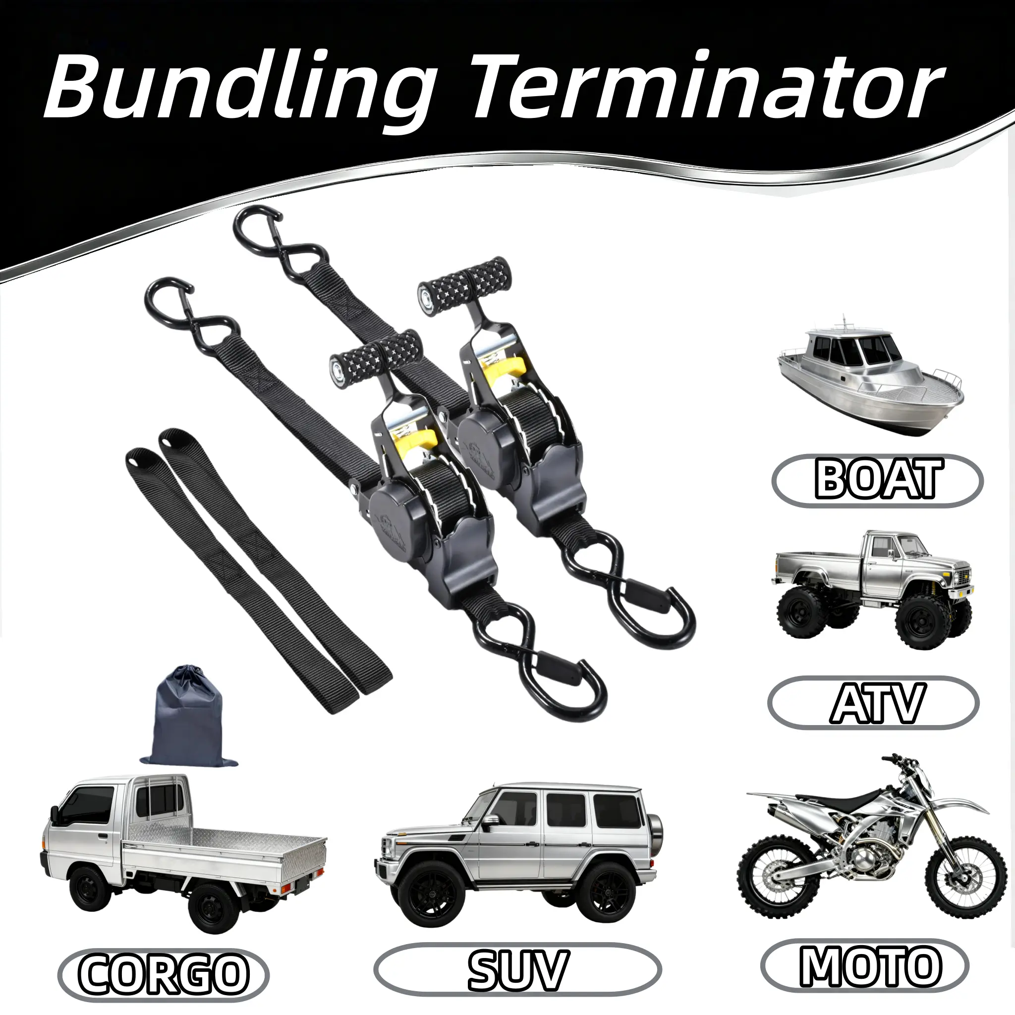 1" x 110" Heavy-Duty Retractable Ratchet Tie Down Straps, Durable Webbing, Quick Secure & Release, Tangle-Free, All-Season Use for Trucks/Boats, Motorcycles, Cargo, Camping, Moving (Sports & Outdoor Water Sports Kayaking Compatible)
