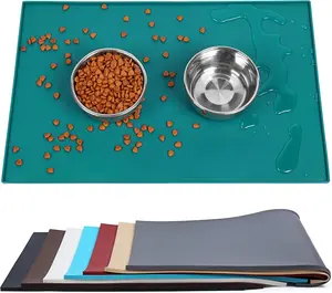 Dog Food Mat, Cat Dog Feeding Mat, Waterproof Non-Slip Food Grade Silicone Mat Placemat with Raised Edge, Anti-Messy Pet Bowl Mat for Food and Water, Deep Green, S(19"x12")