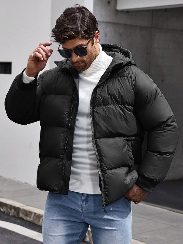 Men's Plain Pocket Zip Up Thick Warm Hooded Puffer Coat, Regular Fit Long Sleeve Padded Winter Coat, Casual Tops Beige Black jackets oktoberfest outfit winter coat boyfriend Menswear