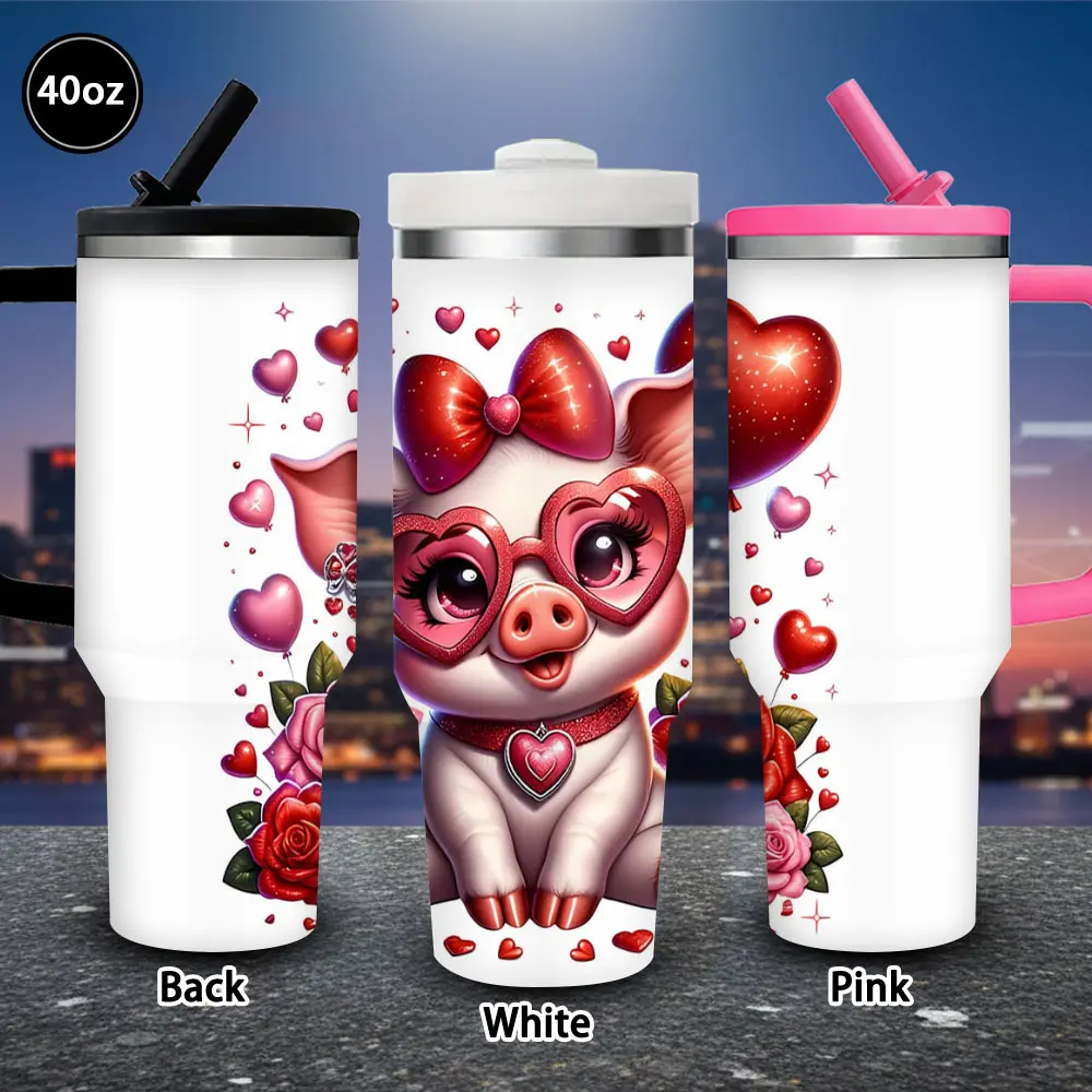 40 oz Portable Novelty Love Pig Insulated Travel Mug - 1 Pc Vacuum Flask with Lid and Straw, Valentine’s Day Gift for Women, Iced/Hot Coffee Bottle, Happy Birthday/Easter Kitchenware Drinkware, 1,000-2,000 Ml