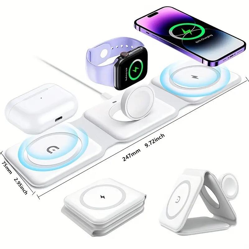 3-In-1 Foldable Wireless Charger For IPhone 12/13/14 Pro Max, For Airpods Pro, For IWatch. Portable Foldable Fast Charging Dock Magnetic Wireless Charger Folding Qi Wireless Charger Stand 15W Android Device